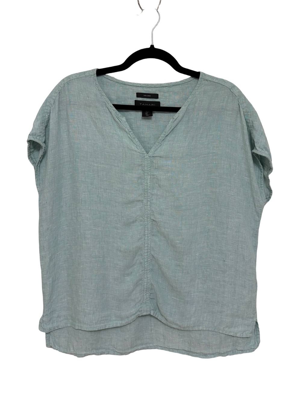 Tahari 100% Linen Boxy Popover Split V Neck Top in Light Green - Size L